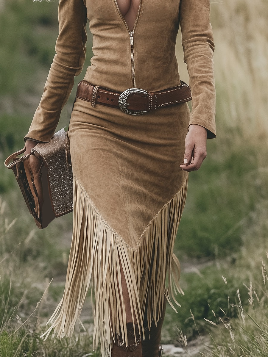 Victoria - Suede Dress with Fringes