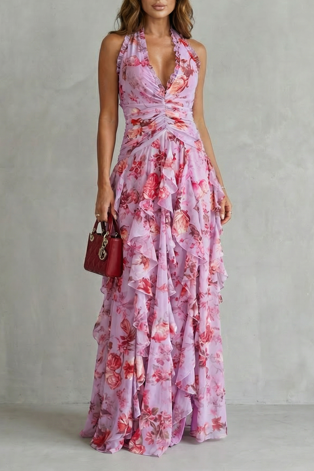 Belladina | Romantic Rose Cascade Maxi Dress with American Neckline
