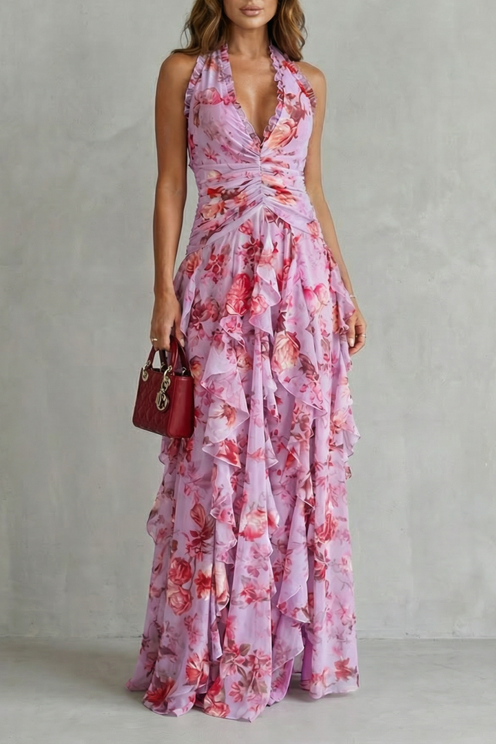 Belladina | Romantic Rose Cascade Maxi Dress with American Neckline