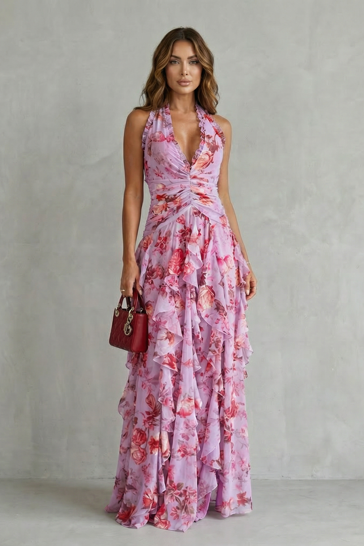 Belladina | Romantic Rose Cascade Maxi Dress with American Neckline