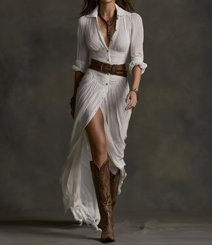 Aurora | Long Linen Dress with Reversed Collar