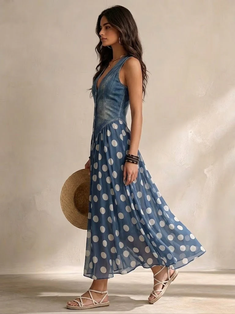 Beatriz | Elegant denim dress with a polka-dot chiffon skirt