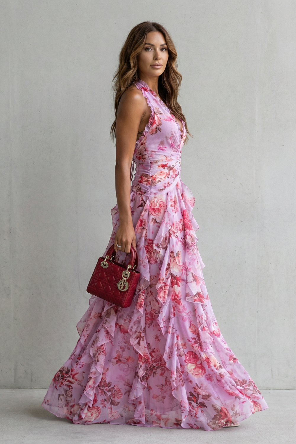 Belladina | Romantic Rose Cascade Maxi Dress with American Neckline