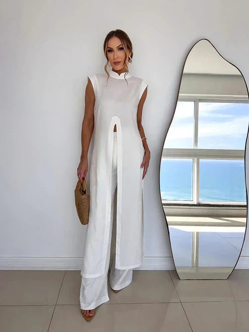Benigna™ | White Set: Ruffled Tunic and Pants