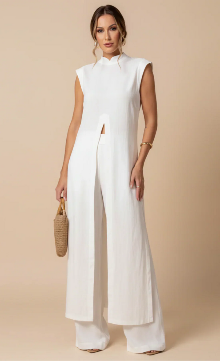 Benigna™ | White Set: Ruffled Tunic and Pants
