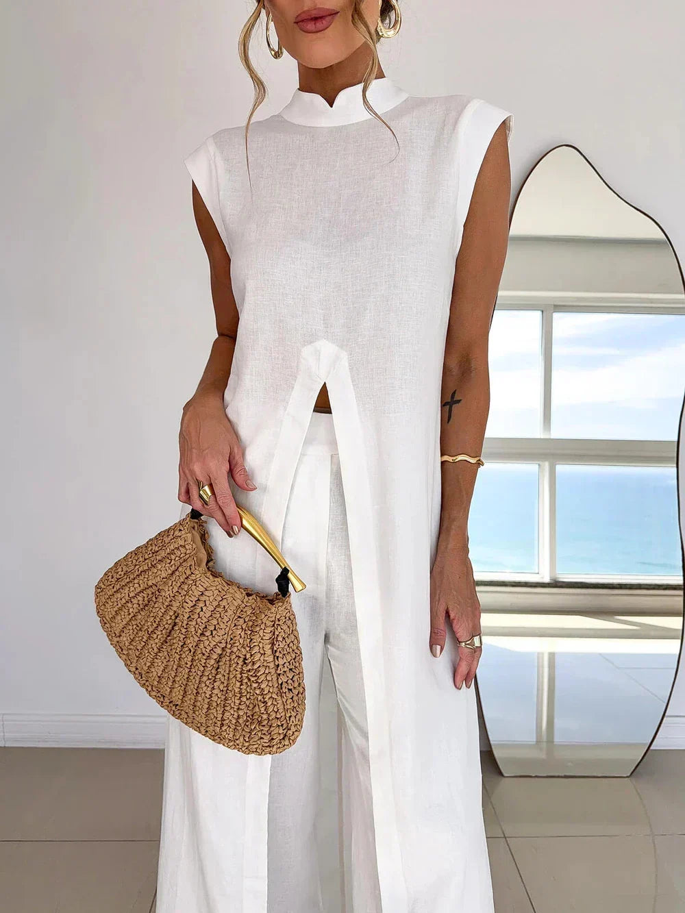 Benigna™ | White Set: Ruffled Tunic and Pants