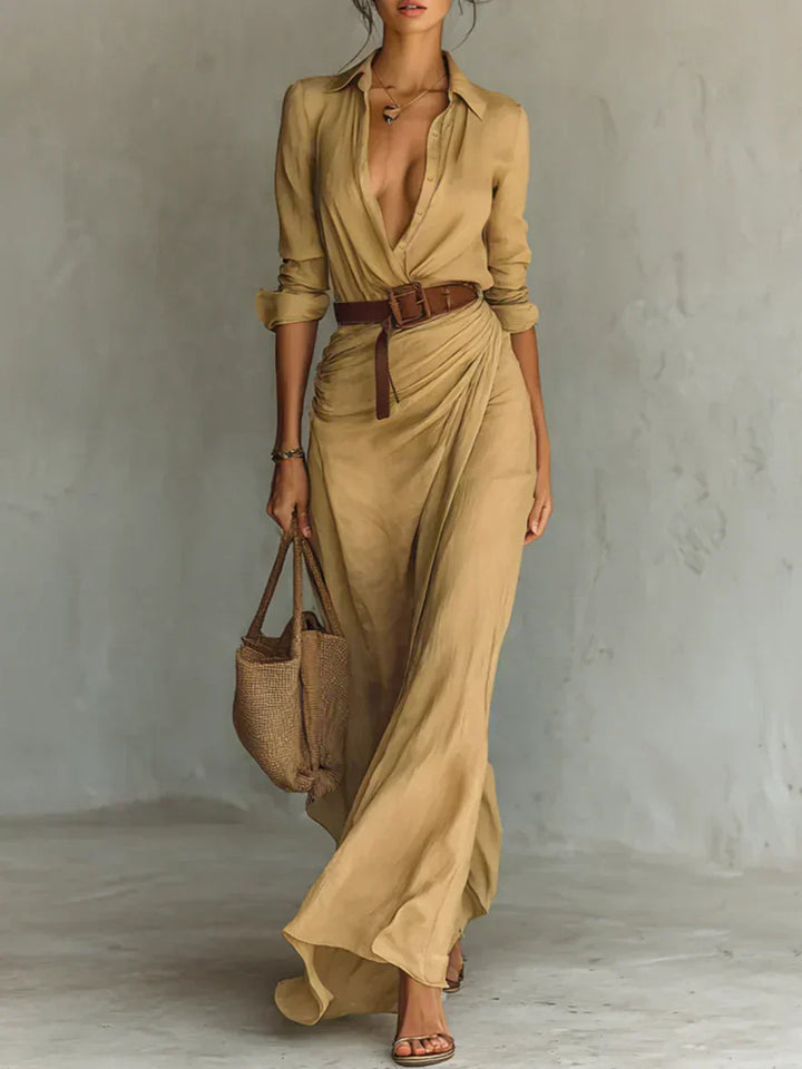 Teresa | Long dress with lapel and waist belt