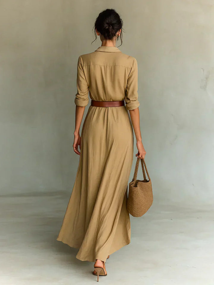 Teresa | Long dress with lapel and waist belt