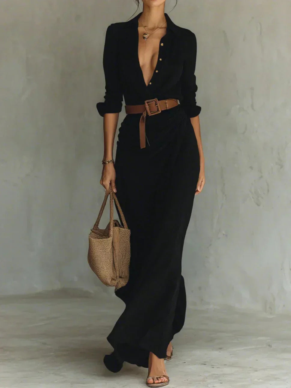 Teresa | Long dress with lapel and waist belt