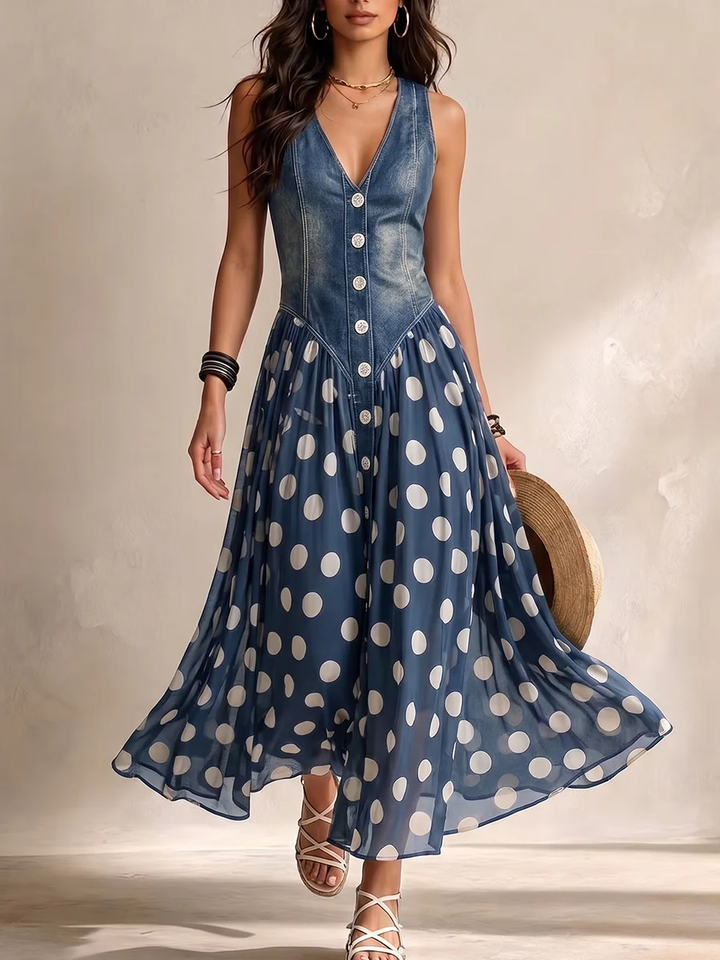 Beatriz | Elegant denim dress with a polka-dot chiffon skirt