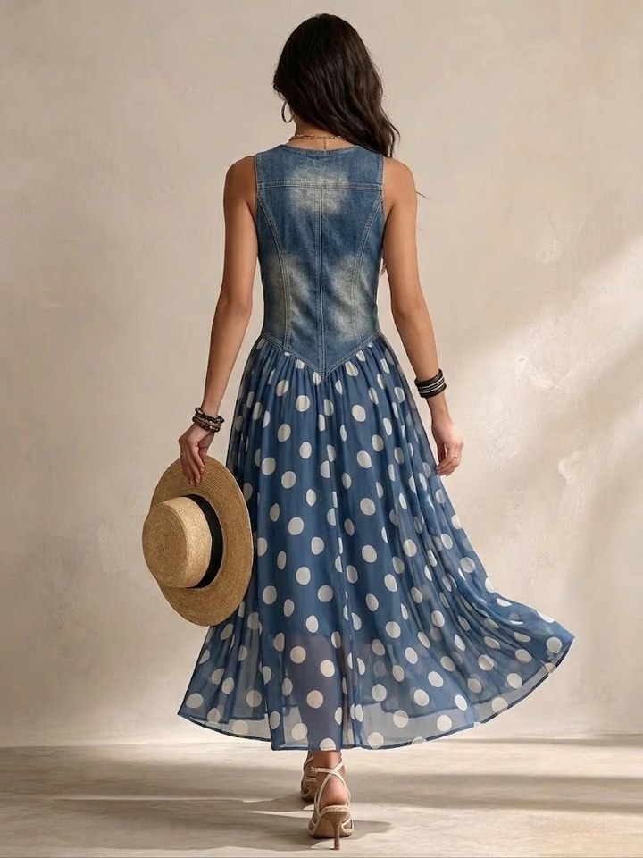 Beatriz | Elegant denim dress with a polka-dot chiffon skirt