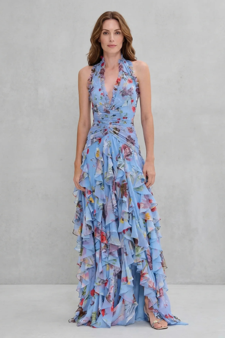 Belladina | Romantic Rose Cascade Maxi Dress with American Neckline