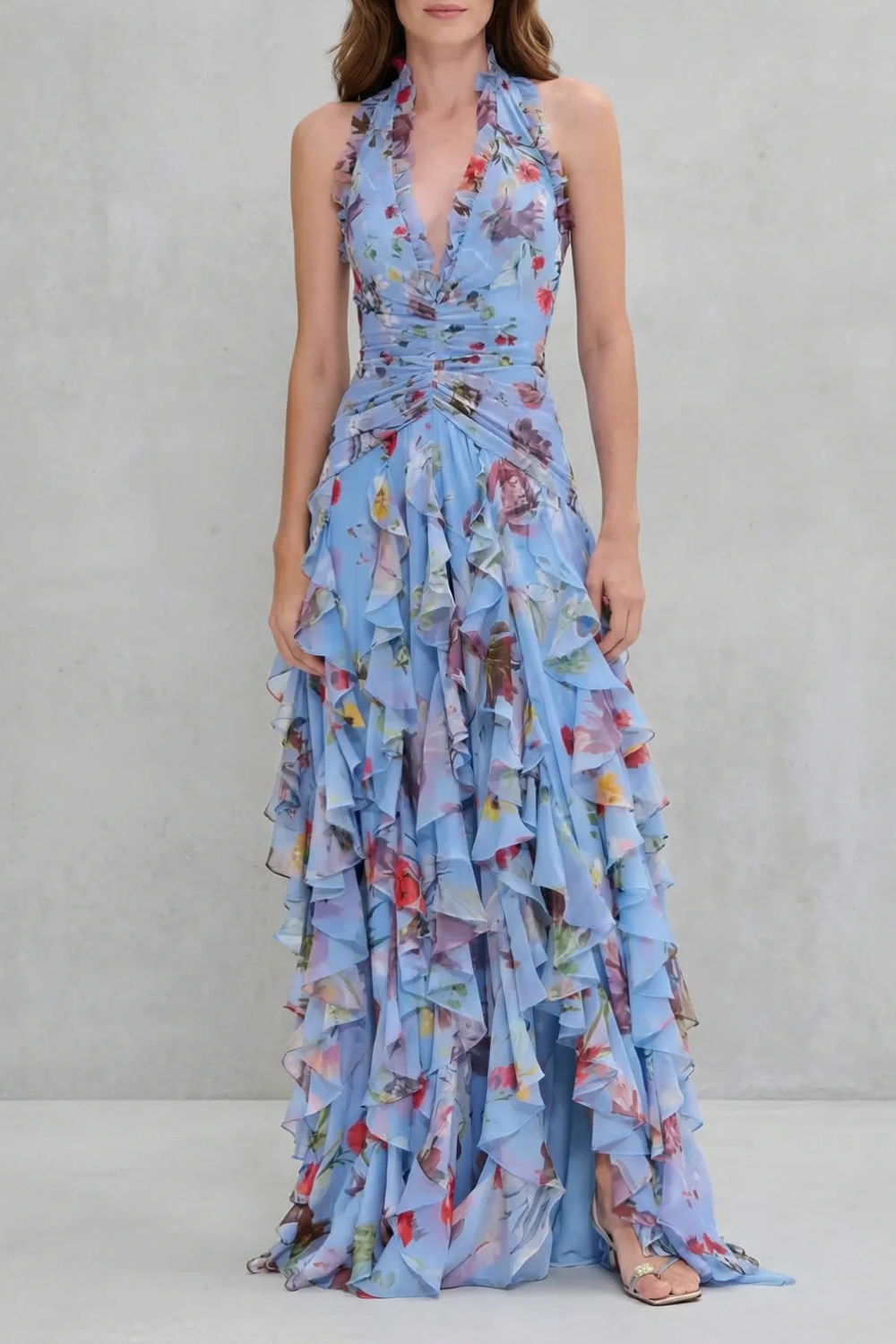 Belladina | Romantic Rose Cascade Maxi Dress with American Neckline