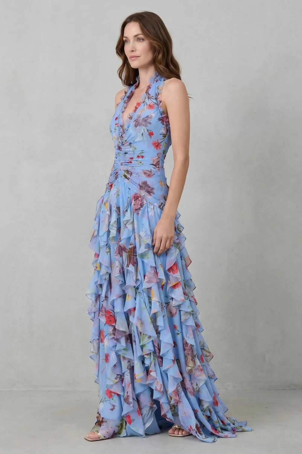 Belladina | Romantic Rose Cascade Maxi Dress with American Neckline
