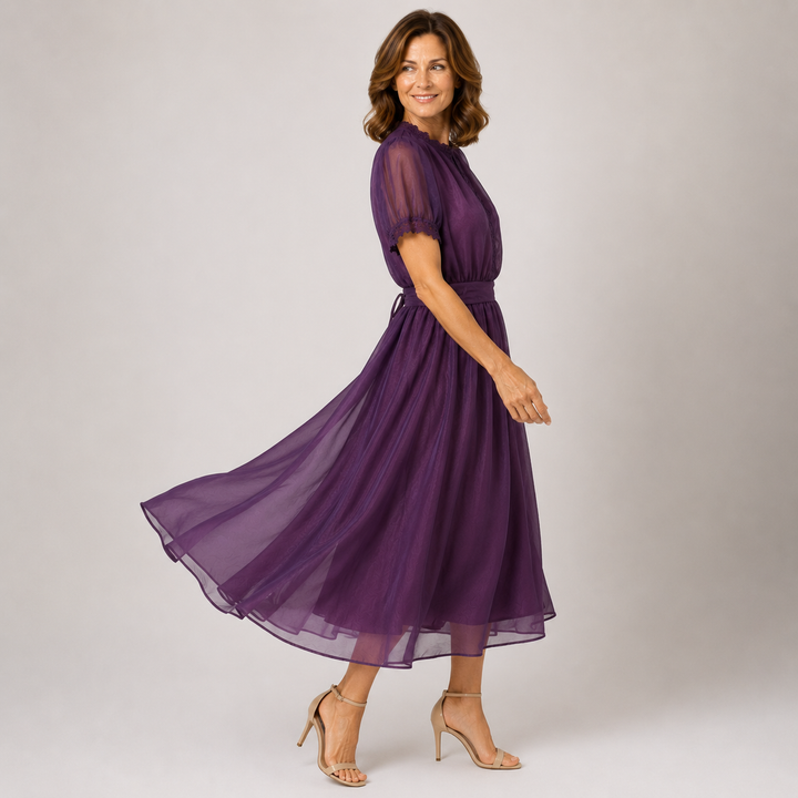 Flavia | Maxi dress with teardrop neckline and chiffon lace trim