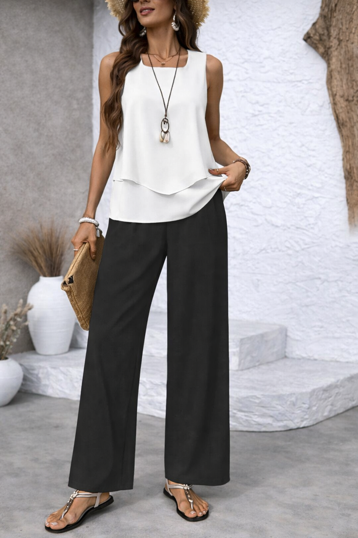 Gregoria™ | Two-Tone Set: White Blouse and Black Pants