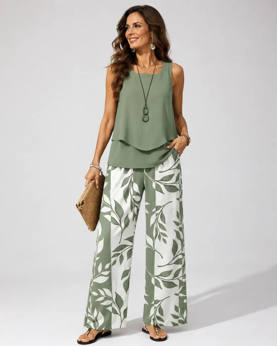 Petronila™ | Sage Green Set: Blouse and Botanical Pants