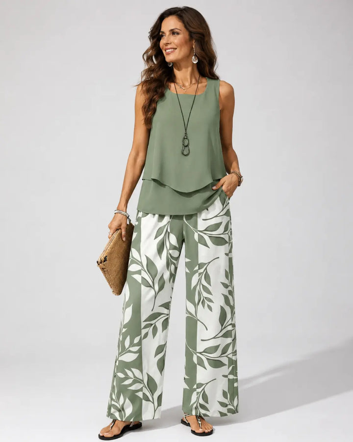 Petronila™ | Sage Green Set: Blouse and Botanical Pants