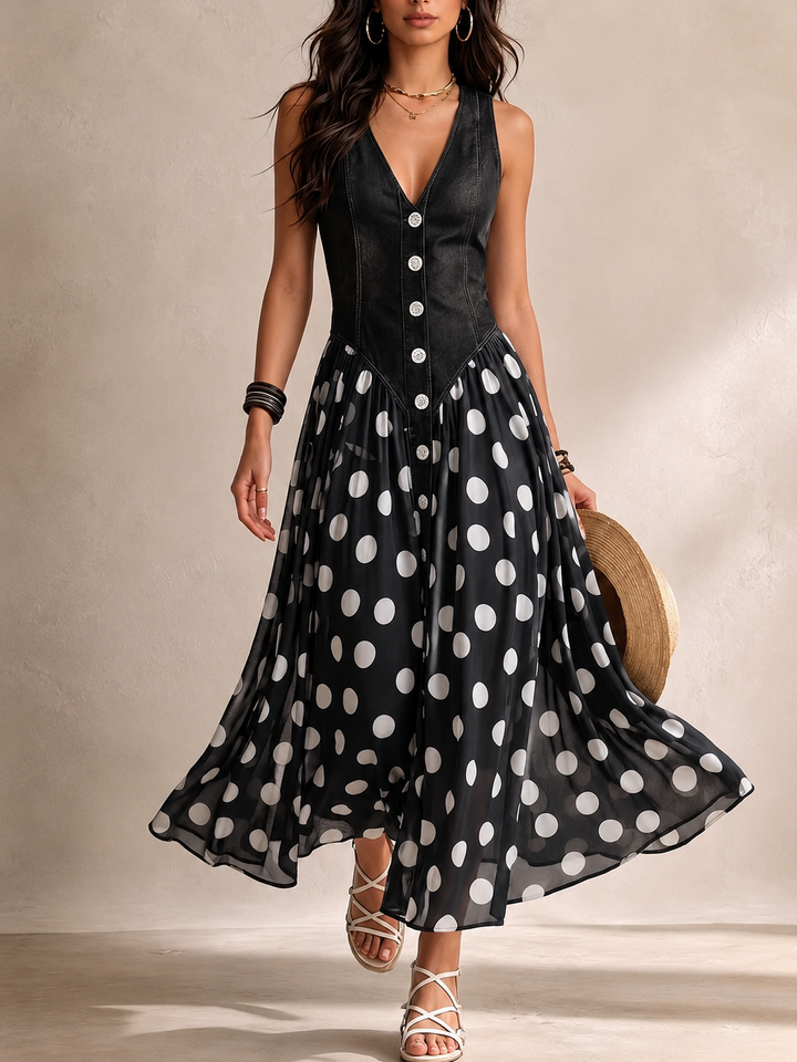 Beatriz | Elegant denim dress with a polka-dot chiffon skirt