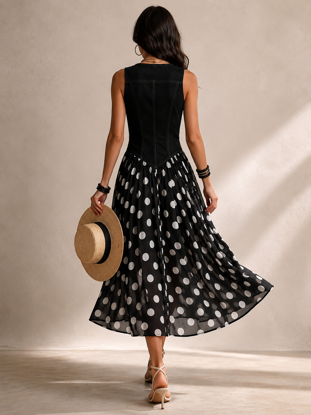 Beatriz | Elegant denim dress with a polka-dot chiffon skirt