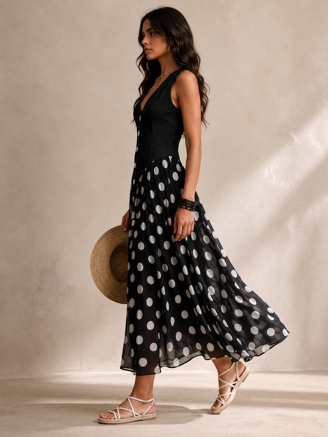 Beatriz | Elegant denim dress with a polka-dot chiffon skirt