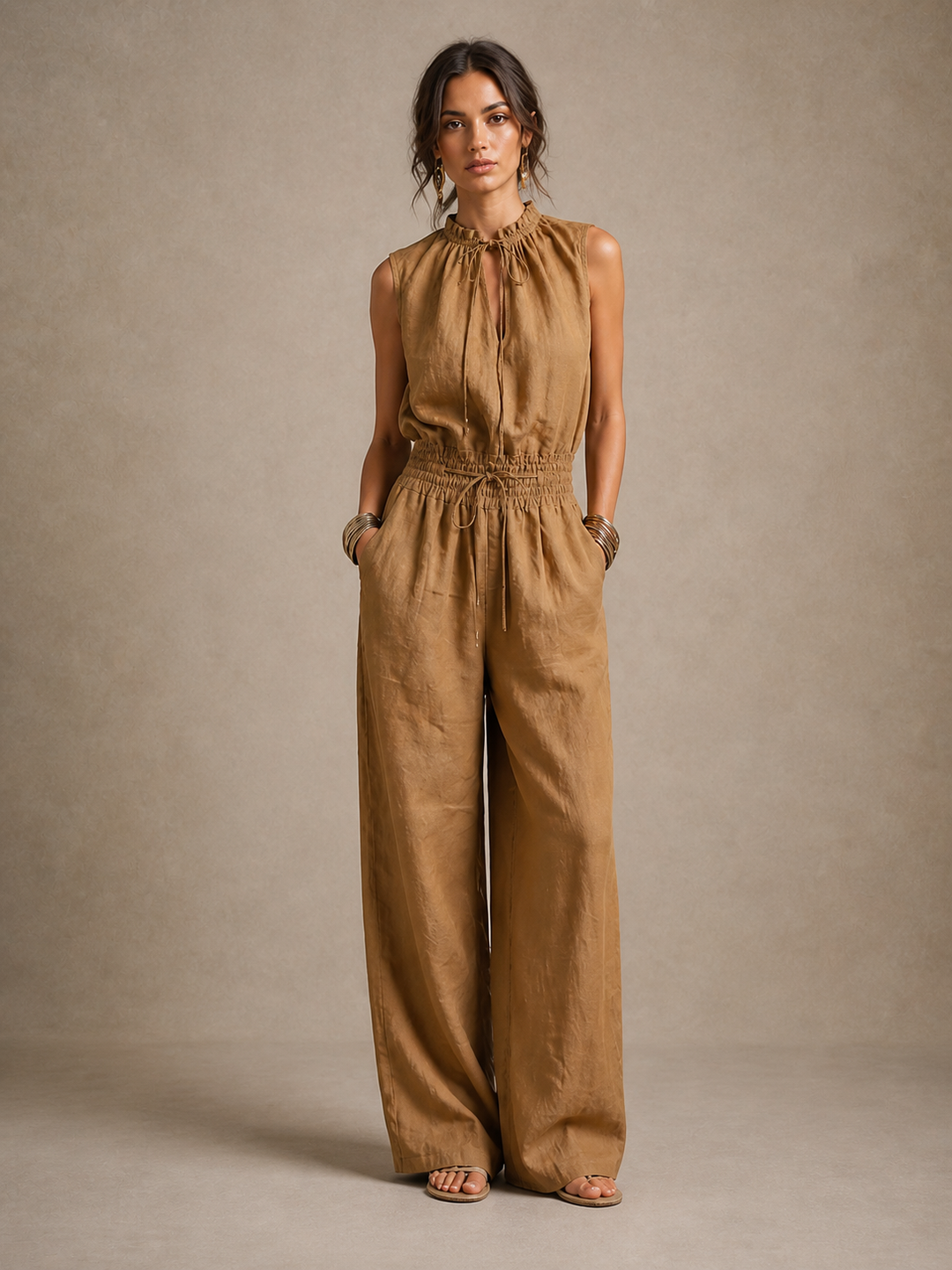 Alba | camel solid jumpsuit with a knotted high neck and wide legs