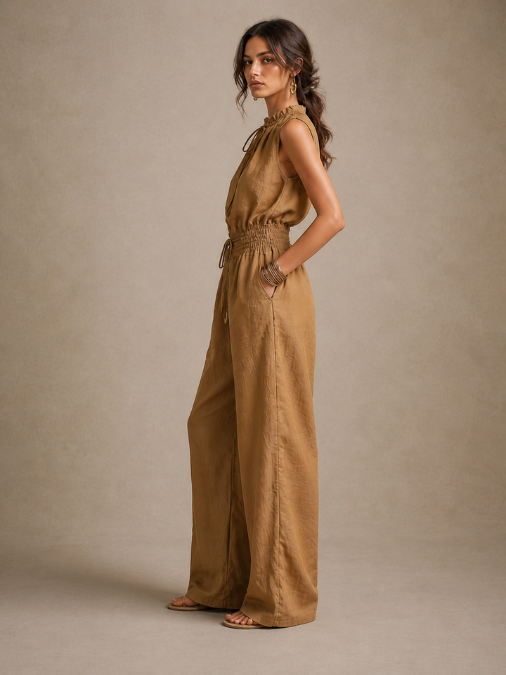 Alba | camel solid jumpsuit with a knotted high neck and wide legs