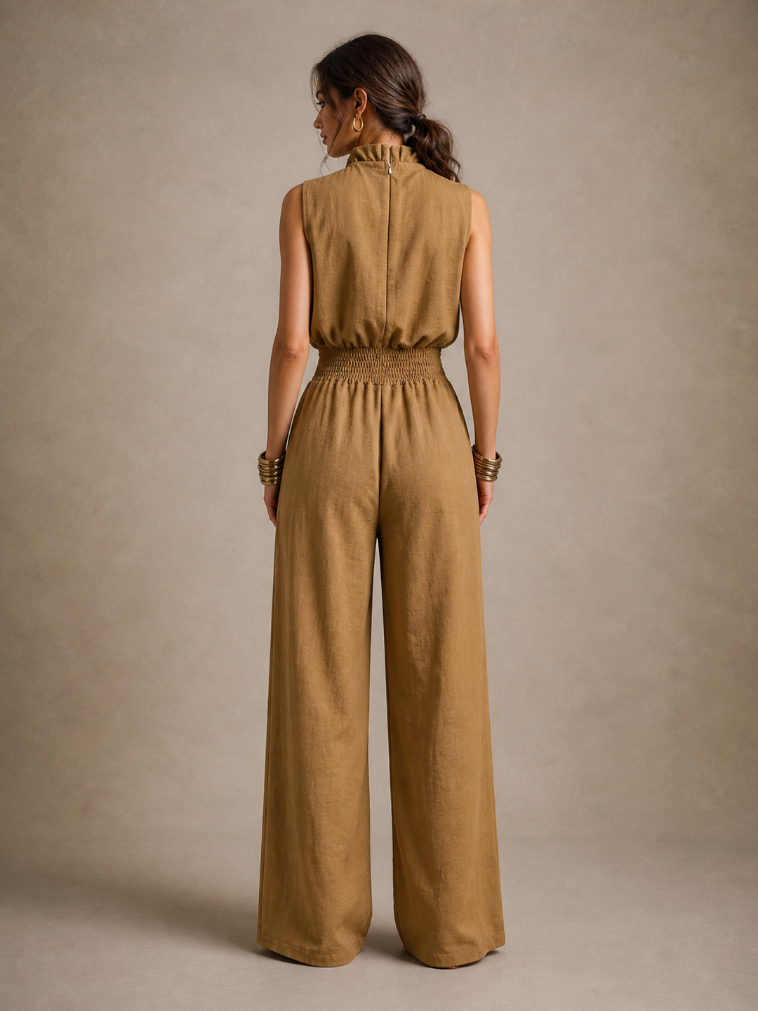 Alba | camel solid jumpsuit with a knotted high neck and wide legs