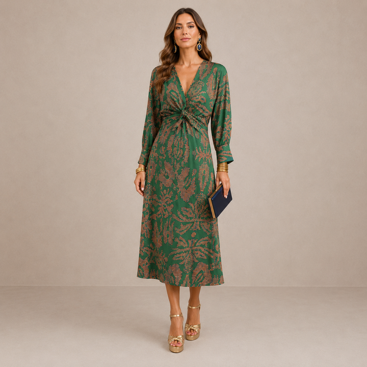 ELVENA™ | V-Neck Tie-Waist Midi Dress
