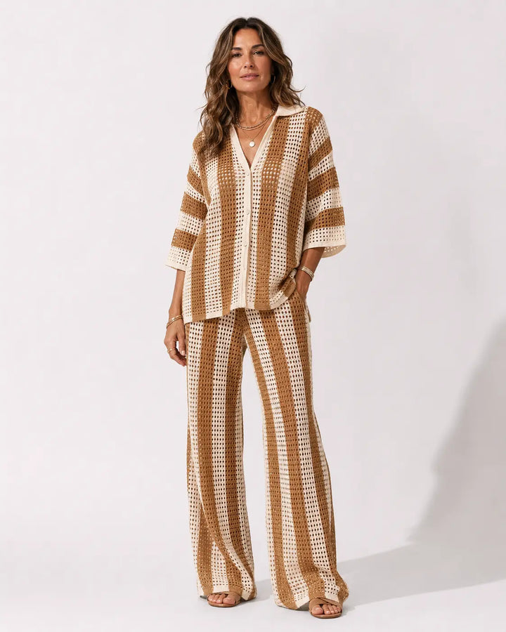 Zenaida™ | Crochet Striped Kimono and Pants Set