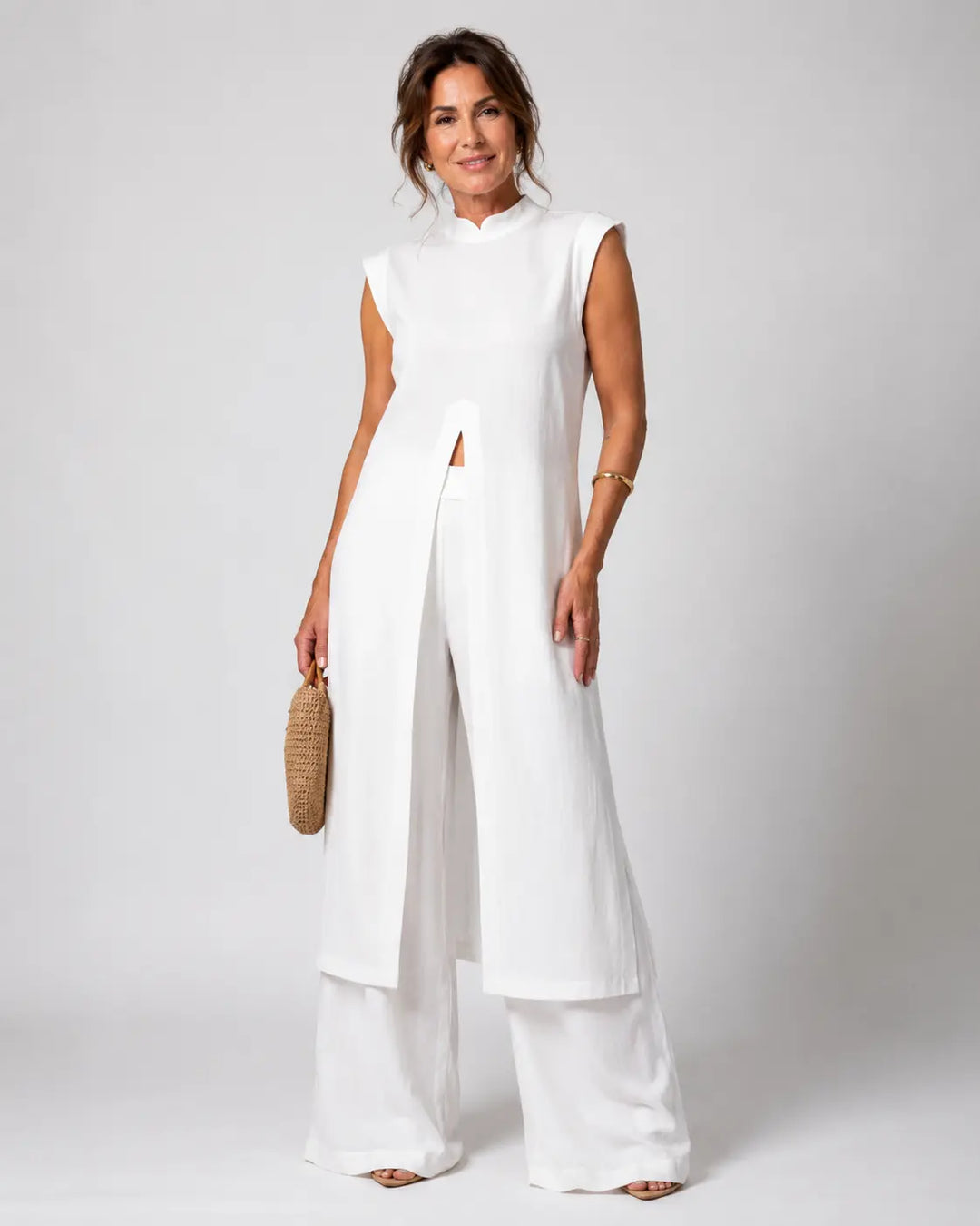 Benigna™ | White Set: Ruffled Tunic and Pants