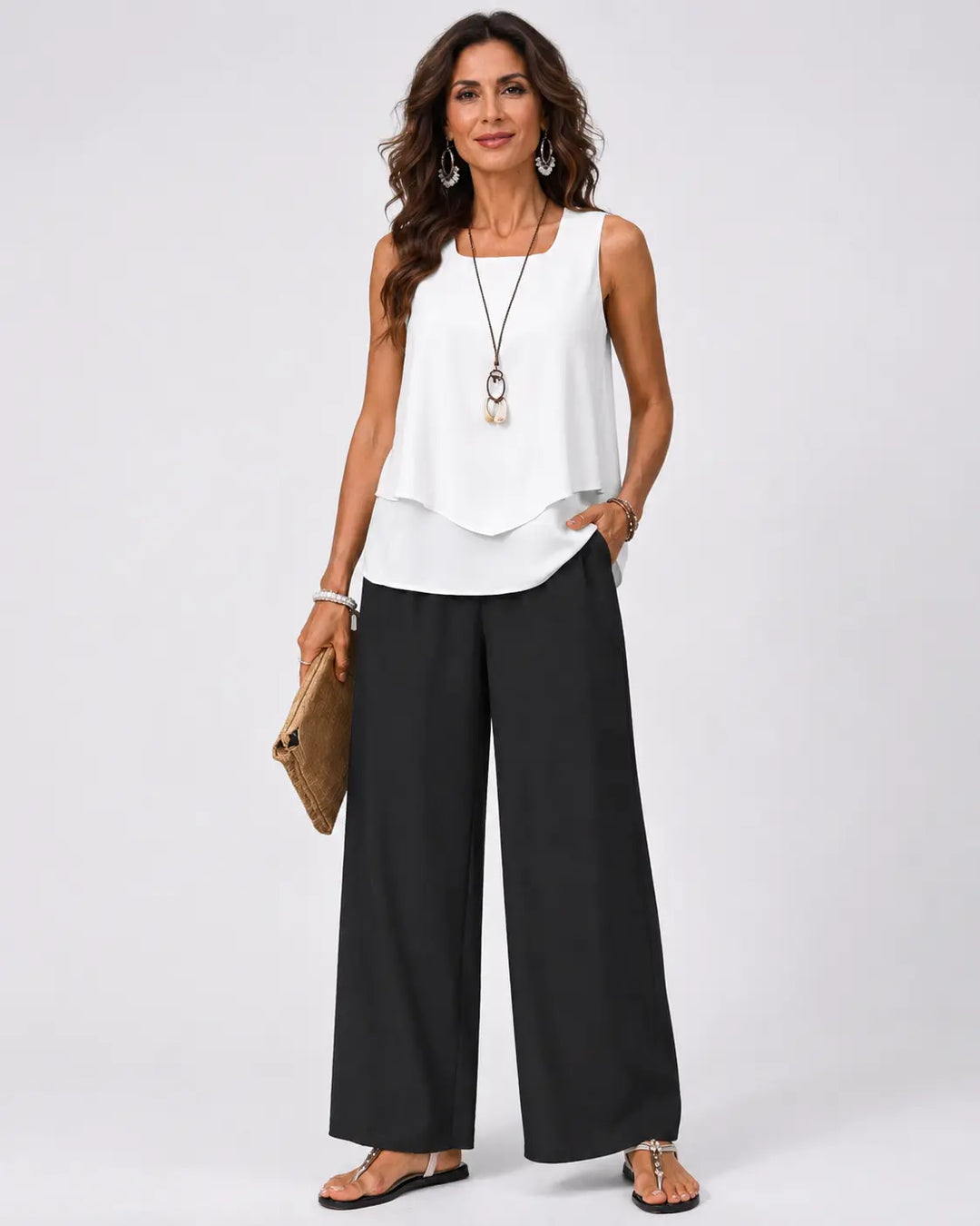 Gregoria™ | Two-Tone Set: White Blouse and Black Pants