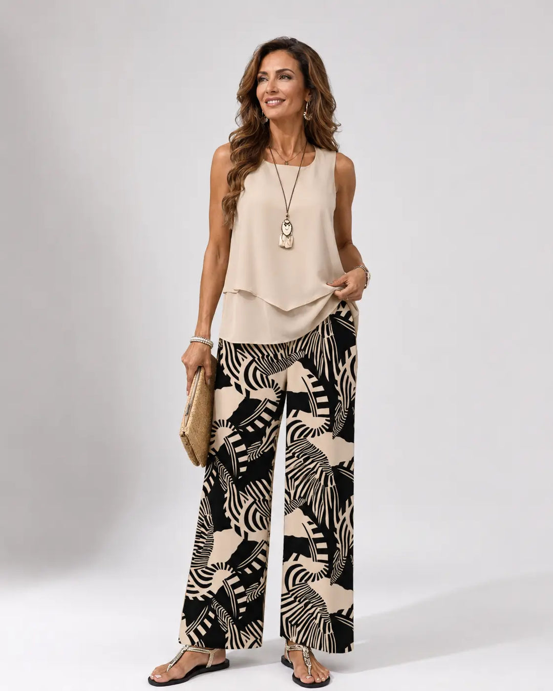 Ignacia™ | Beige Blouse and Botanical-Print Pants Set