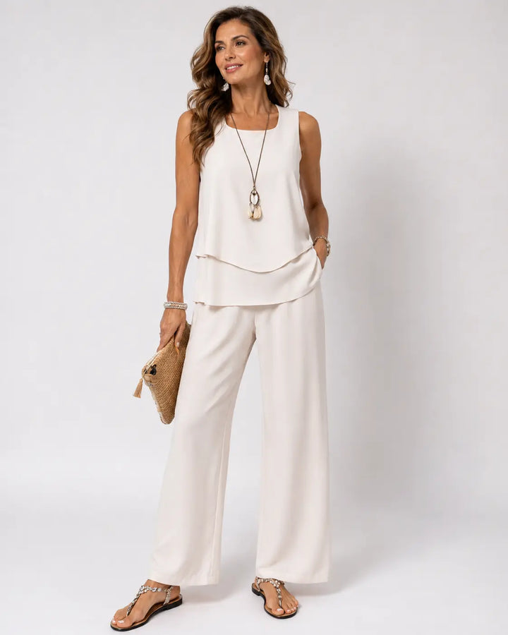 Leandra™ | Cream Satin Layered Top and Pants Set