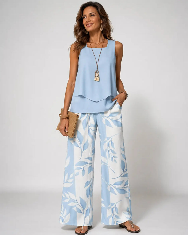 Olalla™ | Sky Blue Set: Blouse and Botanical-Print Pants