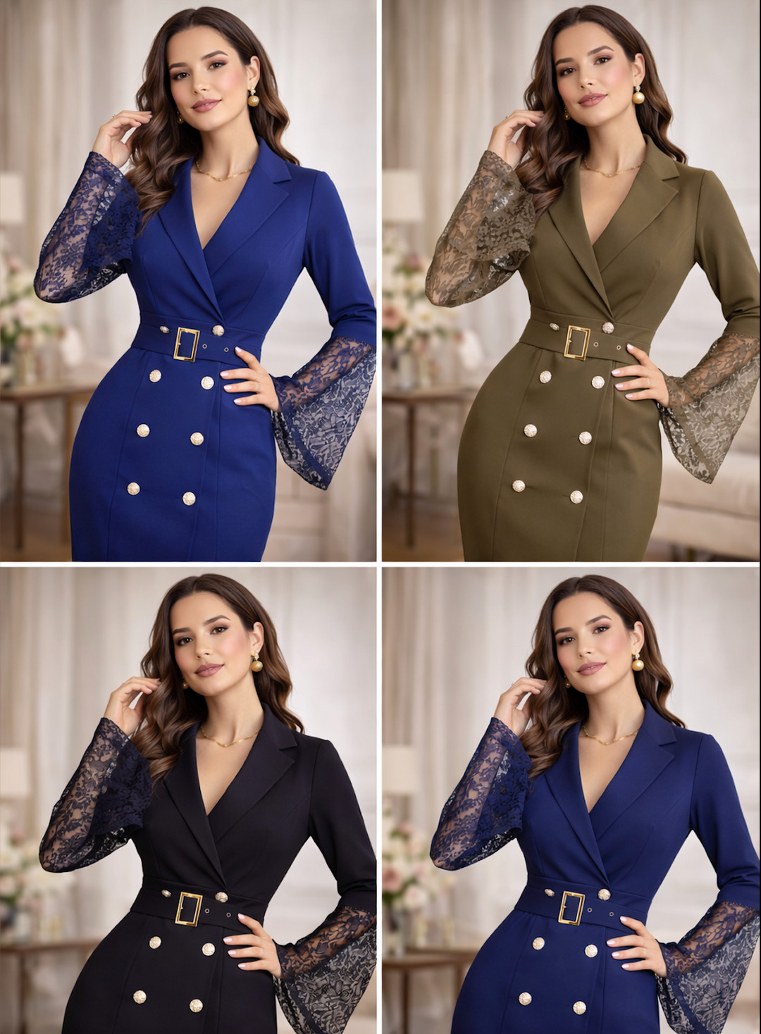 ELVENA™ | Belted Lace-Sleeve Midi Dress