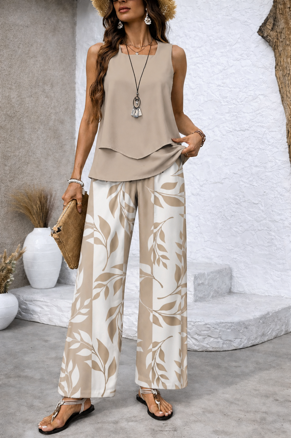 Ernestina™ | Natural Set Beige Blouse and Botanical Pants