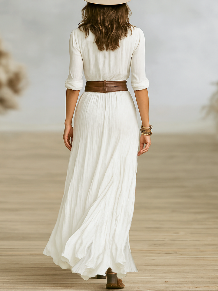 Eliza - Long Linen Dress with Inverted Collar
