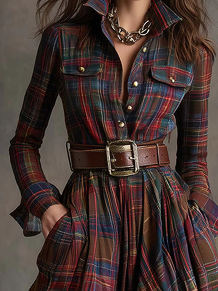 Beatriz · Long Checkered Dress with Belt