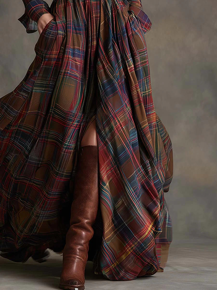 Beatriz · Long Checkered Dress with Belt