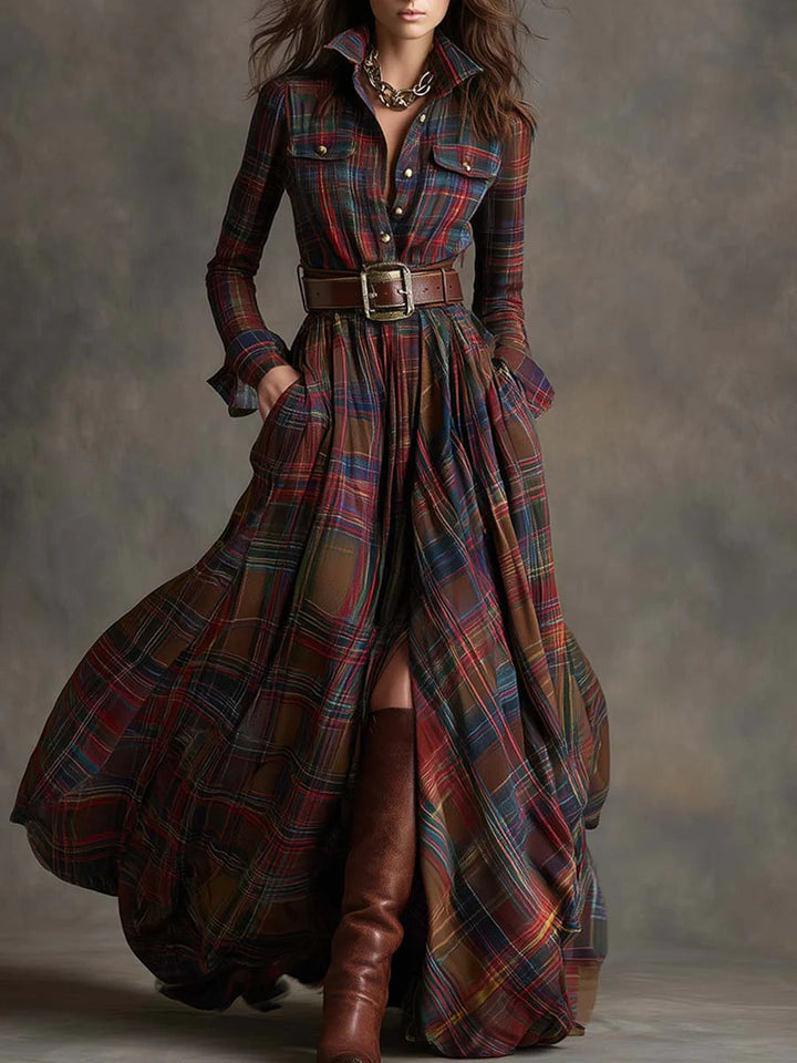 Beatriz · Long Checkered Dress with Belt