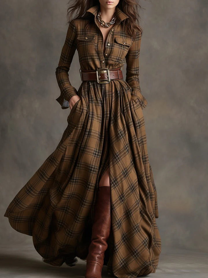 Beatriz · Long Checkered Dress with Belt