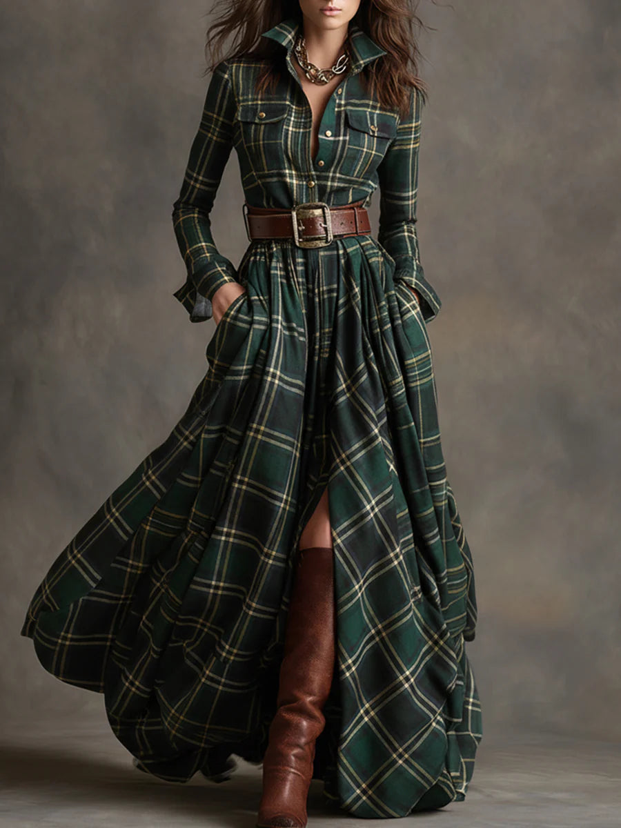 Beatriz · Long Checkered Dress with Belt