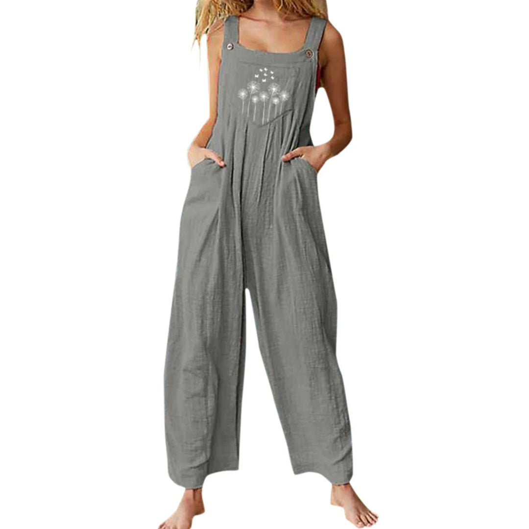 Casual, loose-fitting short jumpsuit for women, bohemian style, sleeveless, square neckline, floral print