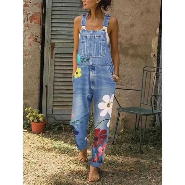 Floral-print sleeveless denim romper with a sexy bodysuit-style look, denim overalls or jumpsuit for women and girls
