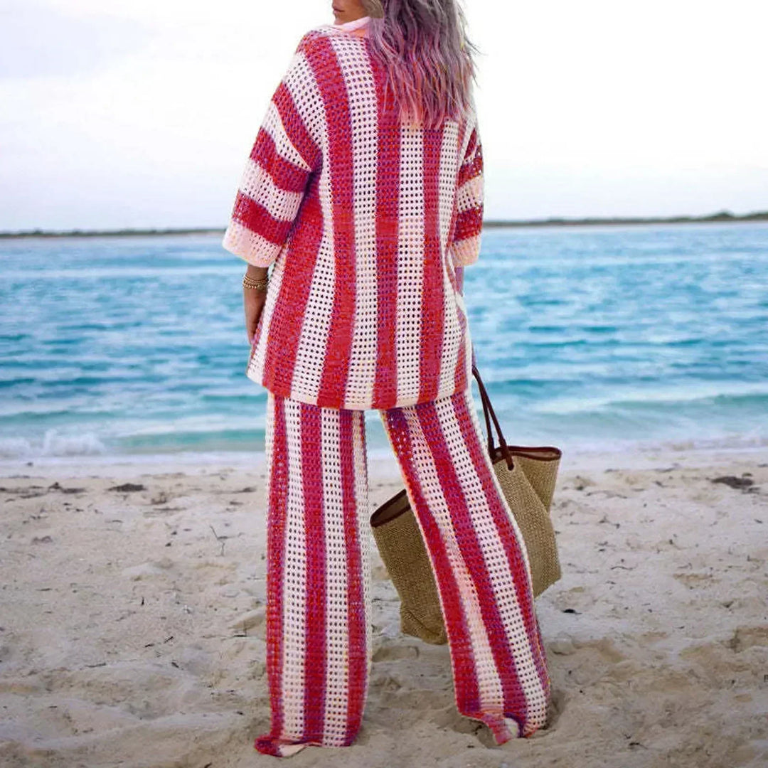 Zenaida™ | Crochet Striped Kimono and Pants Set