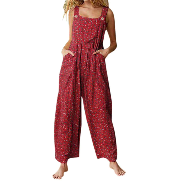 Casual, loose-fitting short jumpsuit for women, bohemian style, sleeveless, square neckline, floral print