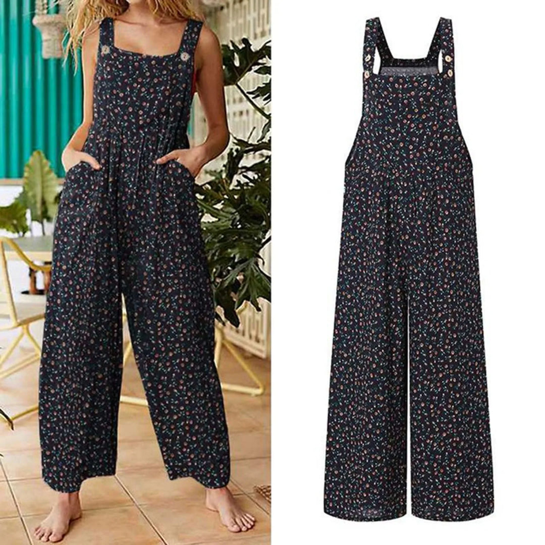 Casual, loose-fitting short jumpsuit for women, bohemian style, sleeveless, square neckline, floral print