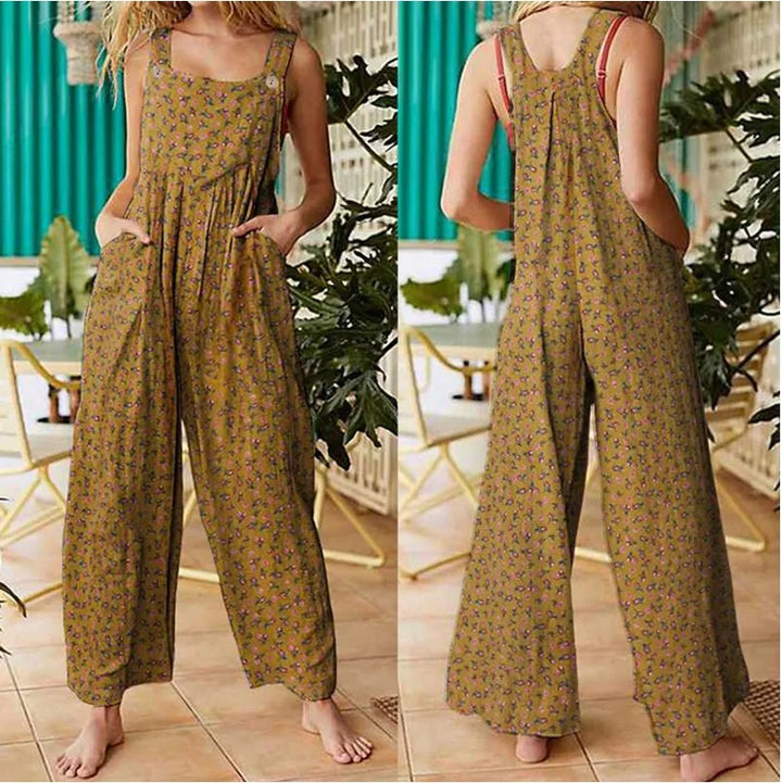 Casual, loose-fitting short jumpsuit for women, bohemian style, sleeveless, square neckline, floral print