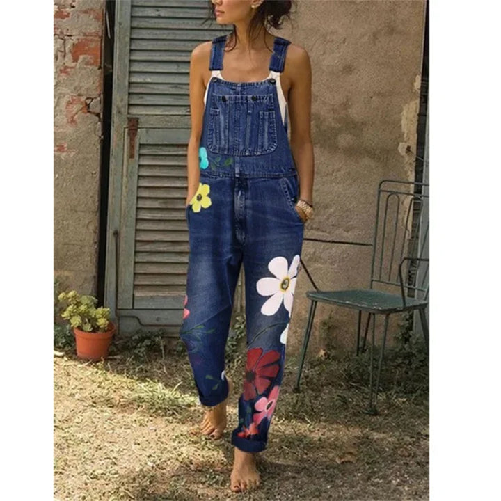 Floral-print sleeveless denim romper with a sexy bodysuit-style look, denim overalls or jumpsuit for women and girls